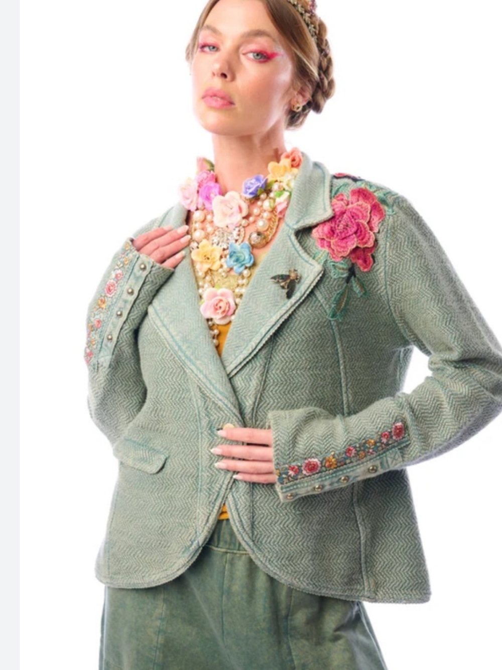 Aratta Alba Embellished Mint Green Tweed Blazer/Jacket XL GB001
